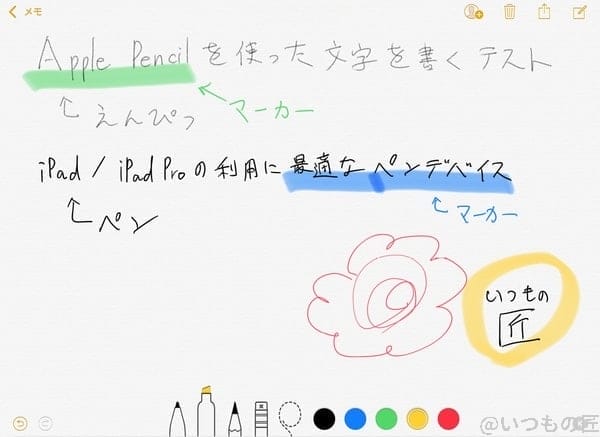 Apple Pencil 手書き文字をメモに書いた例