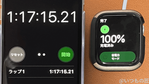 apple-watch-7_full-charge | 真ガジェットレビューの匠 Apple Watch 7をフル充電する時間は、1時間17分15秒21でした。さすがに1時間はオーバーしましたね。
