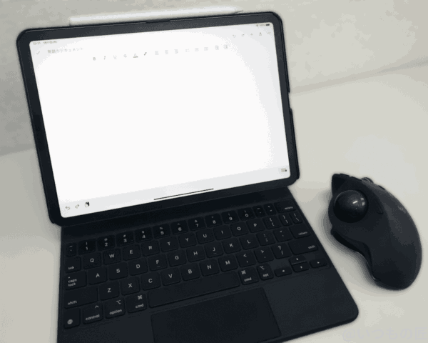 ipadpro-2021-with-pen-and-mouse | 真ガジェットレビューの匠 筆者のiPad ProとMagic Keyboard、トラックボールの組み合わせ
