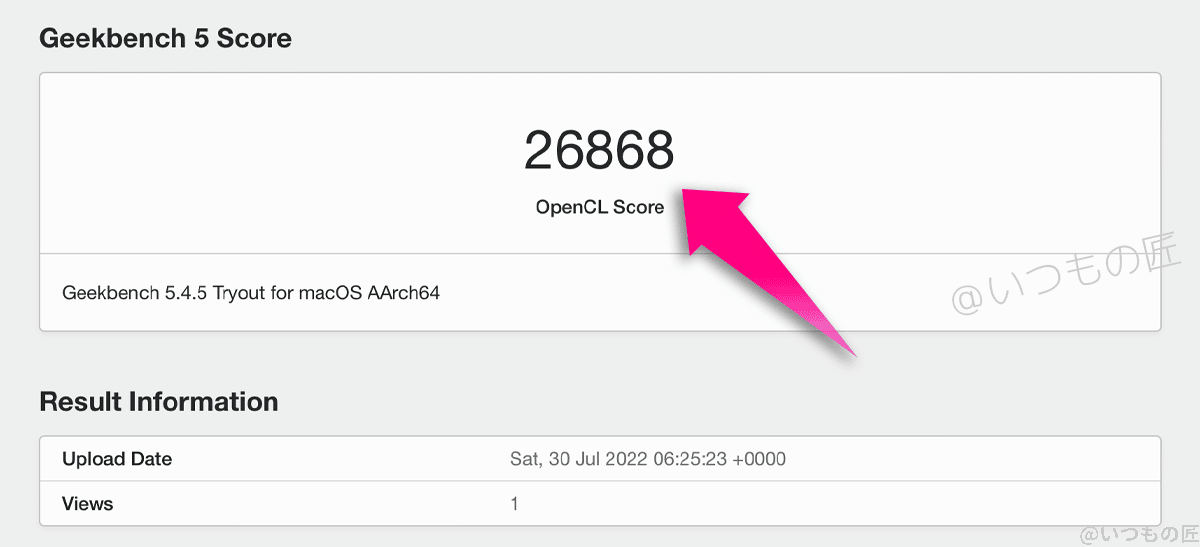 macbook air m2 - geekbench ベンチマークテスト結果2 | 真ガジェットレビューの匠 Apple M2チップのOpenCL Score:26868