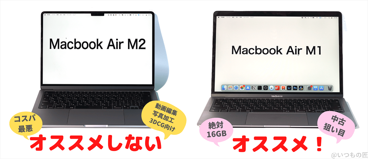 m2_vs_m1_macbook_air_result | 真ガジェットレビューの匠 M1 MacBook Air (メモリ16B)を選ぶべき。外出先で動画編集や写真加工したいユーザーだけがM2 MacBook Airを購入すべき。