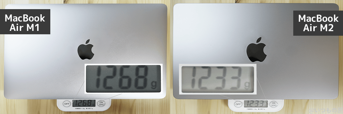 macbook-air-m2-and-m1-weight | 真ガジェットレビューの匠 M1モデルは1,268グラム、M2モデルは1,233グラム