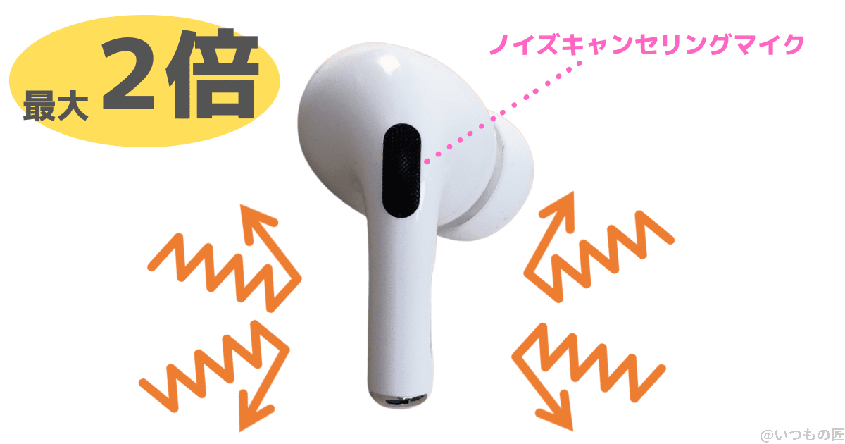 airpods pro 第2世代 アクティブノイズキャンセル | 真ガジェットレビューの匠 AirPods Pro 第2世代ではノイズキャンセリング性能が最大2倍アップになった