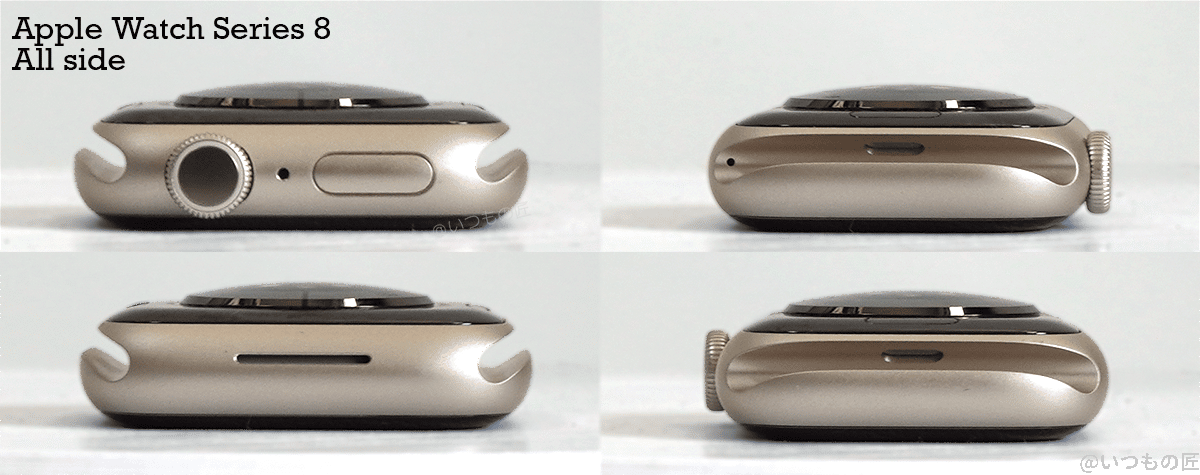 apple_watch_seiries_8_all_side | 真ガジェットレビューの匠 Apple Watch Series 8 右側面にデジタルクラウン(Digital Crown)とサイドボタン、上下面にはバンド穴、左側面にスピーカー兼通気口を搭載している