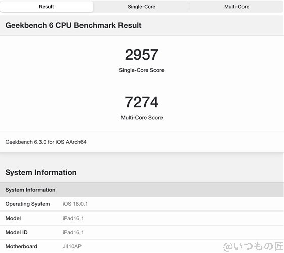 iPad mini 第７世代  ベンチマーク Antutu Geekbench 6 CPUBenchmark 計測結果